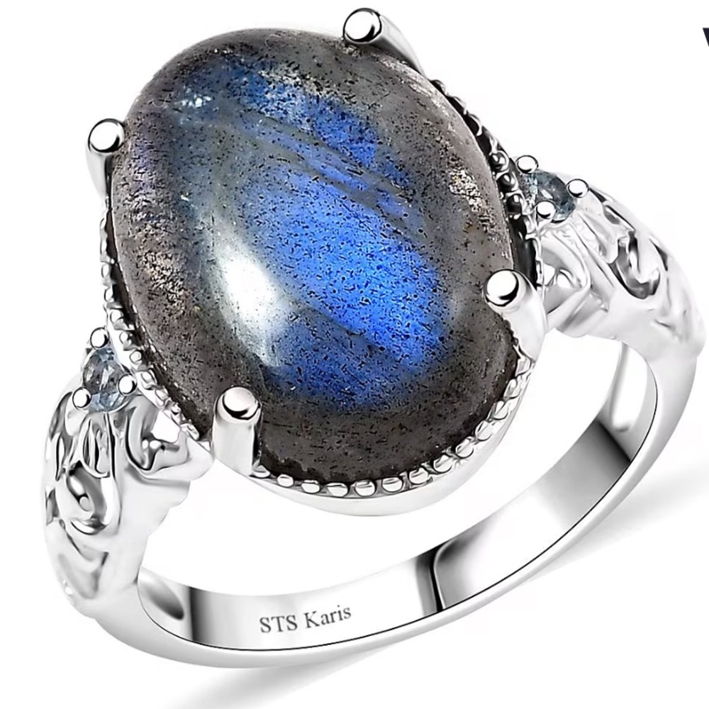Blue Flash Labradorite Ring • Platinum-Plated • Genuine Topaz • Size 7 (Karis)